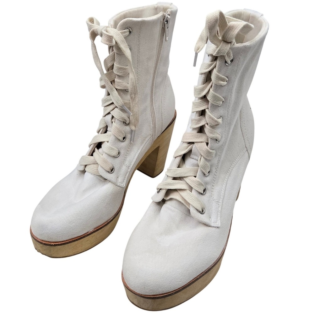 Charlotte Stone White Canvas Lace Up Platform Block Heel Boots Womens Size 9